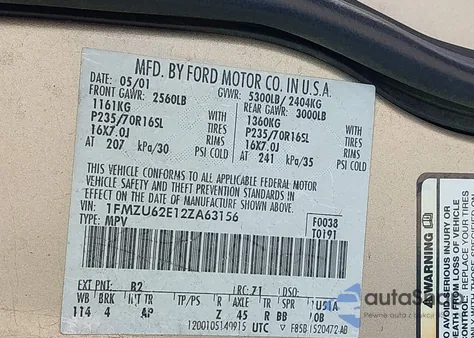 2002 Ford Explorer Xls z USA, uszkodzony, nr VIN 1FMZU62E12ZA63156